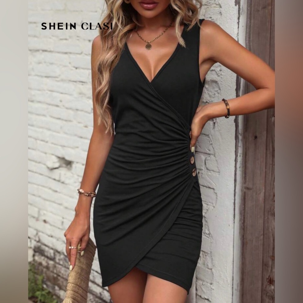 NWOT SHEIN Black Mini Dress with Button Accents